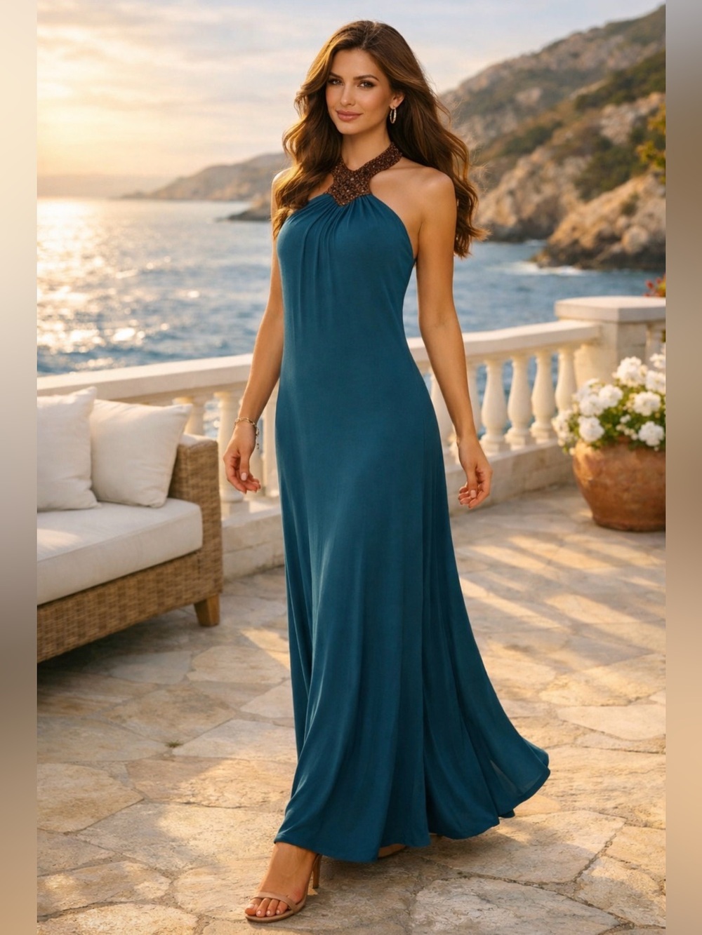 SKY Dress Suede Halter Neck Sleeveless Maxi A line Teal Blue Full Length